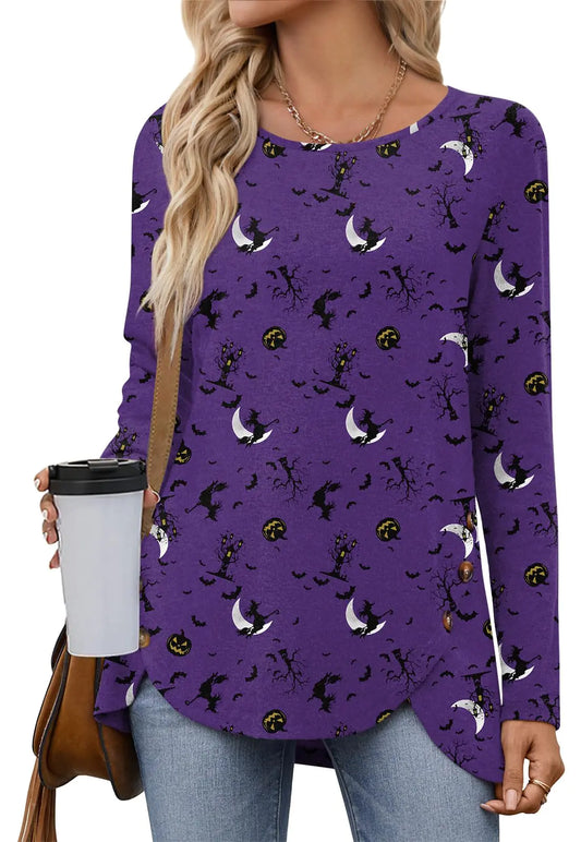 POPYOUNG 2025 Womens Fall-Winter Casual Long Sleeve Halloween Tunic Tops for Leggings Ladies Both Side Buttons Blouse M Night Bat Purple